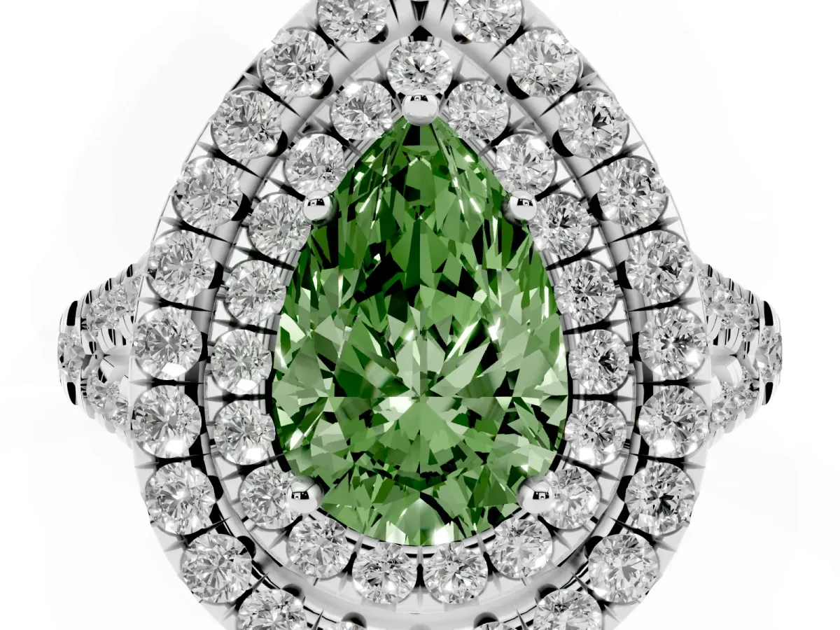 Fancy Green Double Halo Pear Cut Diamond Pavé Split Shank Ring with Prong Setting Platinum