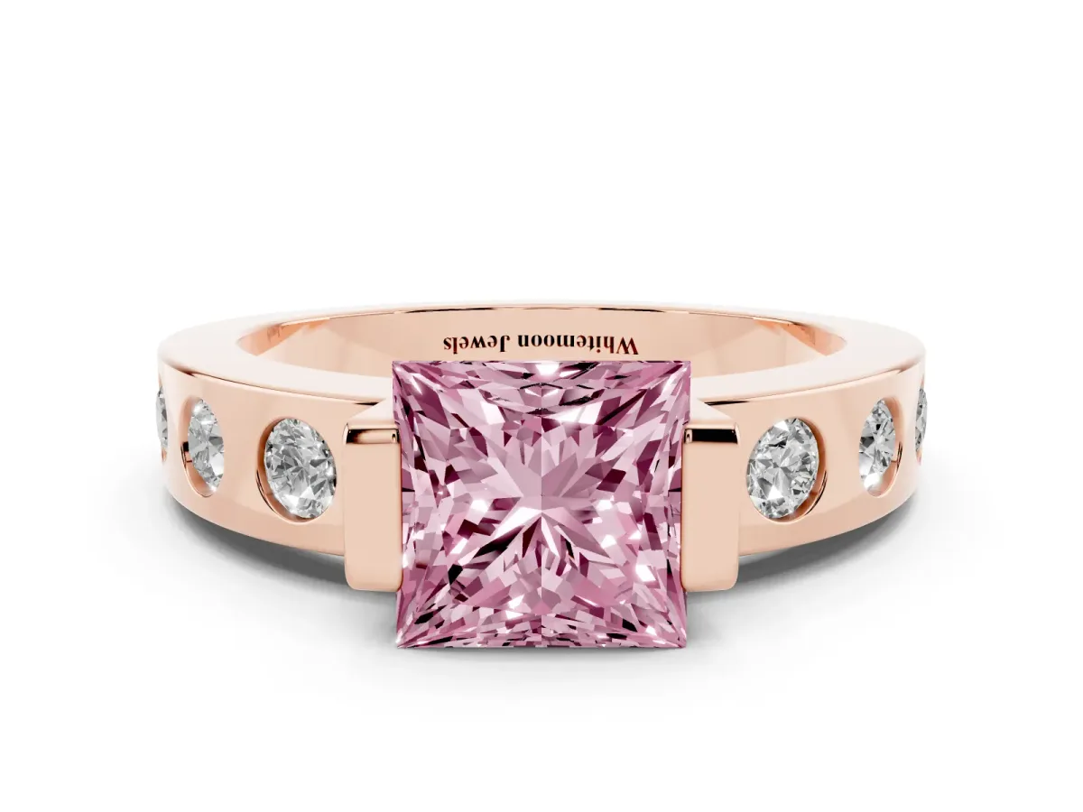 Fancy Pink Princess Cut Brilliant Channel-Set Diamond Ring with Bezel Prong Setting Rose gold