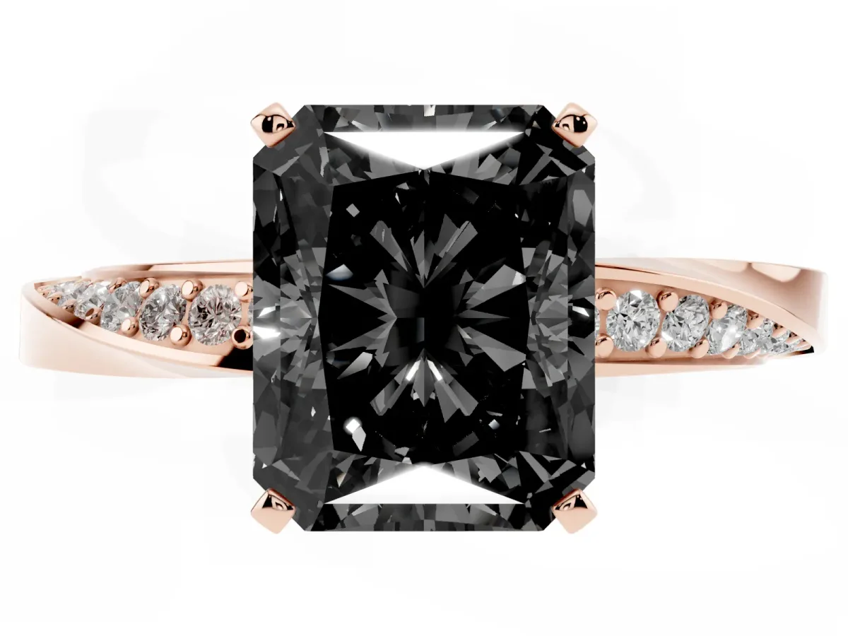 Fancy Black Radiant Cut Diamond Engagement Ring with Side Stone Accents and Four-Prong Setting Rose gold