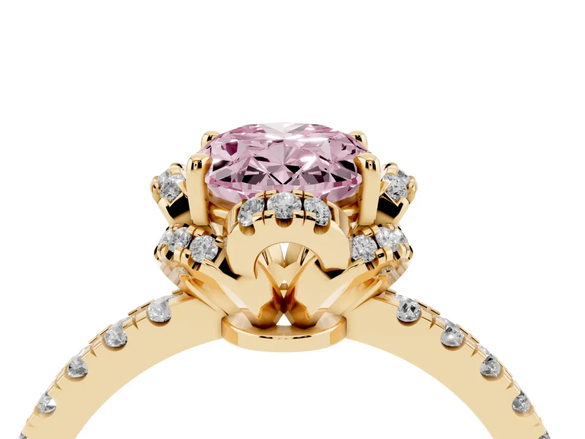 Fancy Pink Oval Cut Diamond Halo Pave Band with Four-Prong Setting Yellow gold