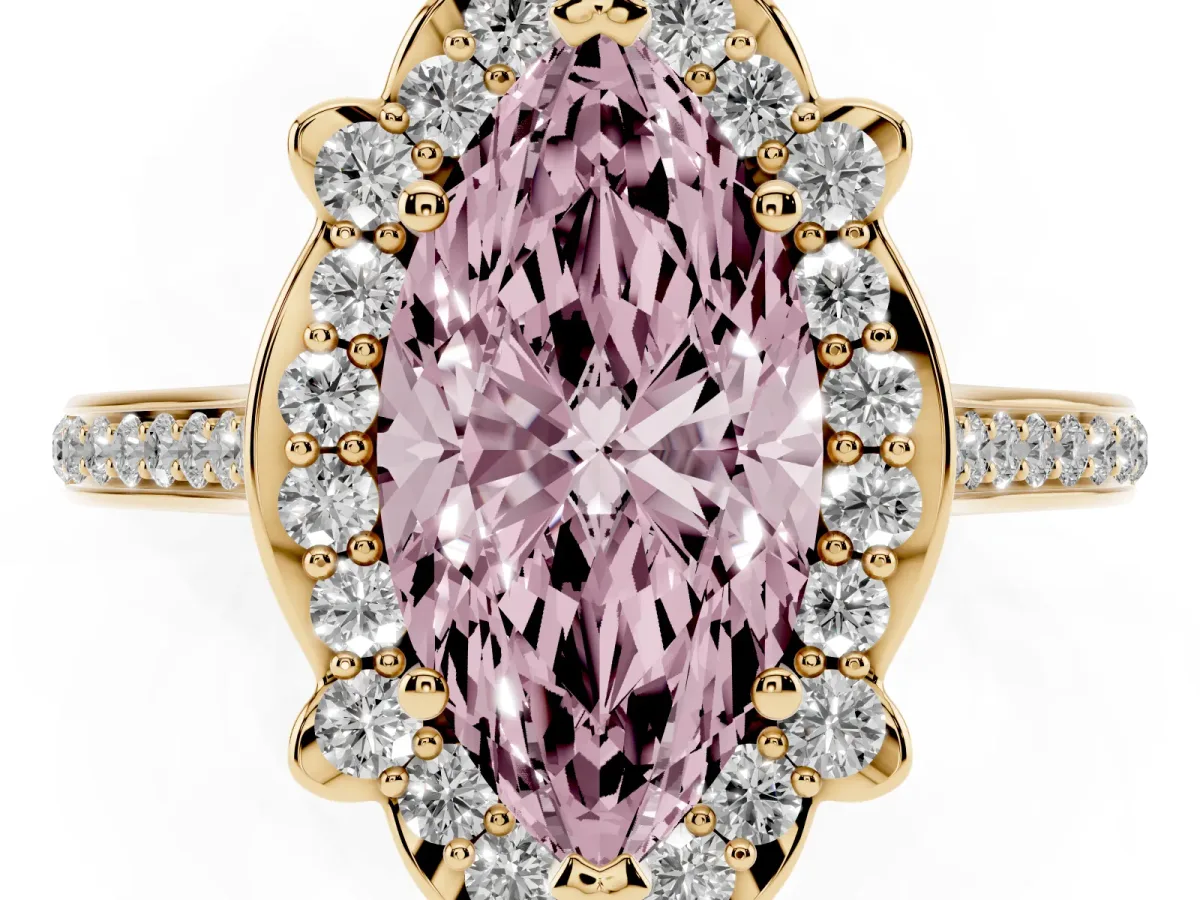 Fancy Pink Marquise Cut Halo Round Diamond Pave Band with Four-Prong Setting Yellow gold