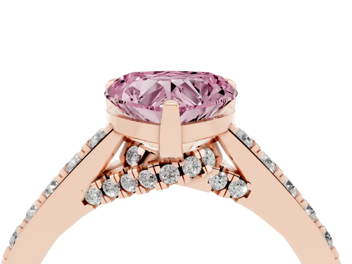 Fancy Pink Heart Cut Diamond Solitaire Ring with Crossover Gallery and Round Pavé Band Rose gold