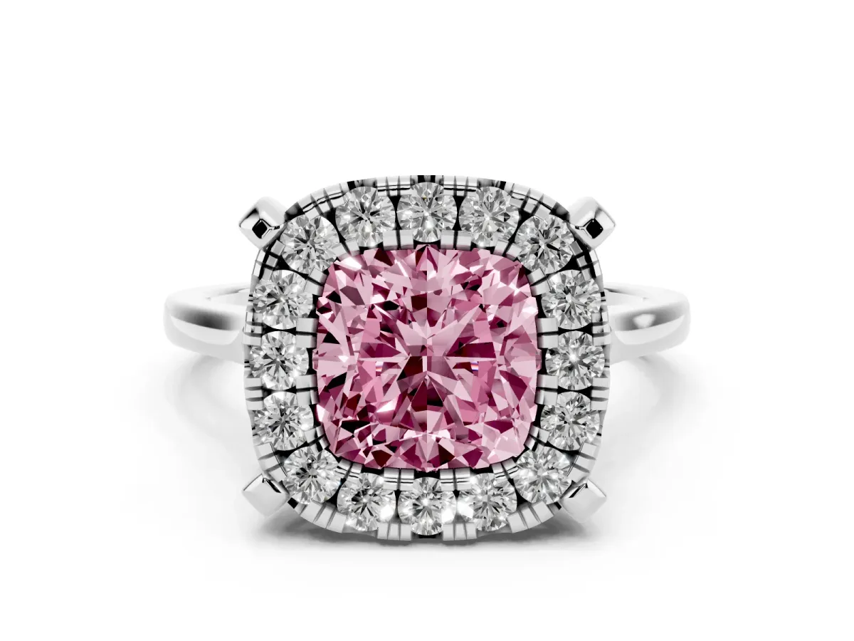 Fancy Pink Cushion Cut Diamond Cluster Halo Solitaire with Four-Prong Setting Silver