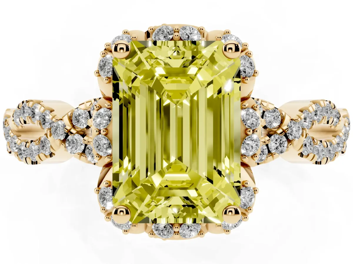 Fancy Yellow Emerald Cut Halo Twist Band Solitaire Ring with Six-Prong Setting Yellow gold