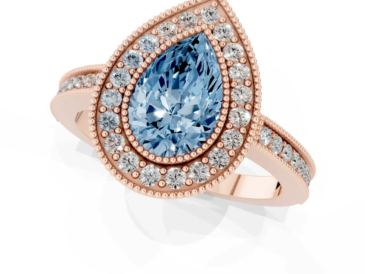 Fancy Blue Pear Cut Cut Halo Diamond Ring with Pavé Band and Milgrain Prong Setting Rose gold