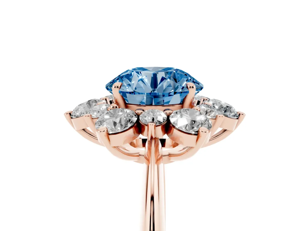Fancy Blue Round Cut Diamond Cluster Halo Ring with Solitaire Band and Four-Prong Setting Rose gold