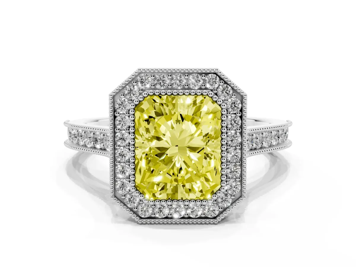 Fancy Yellow Halo Radiant Cut-Cut Diamond Pave Band Milgrain Prong Setting Ring Platinum