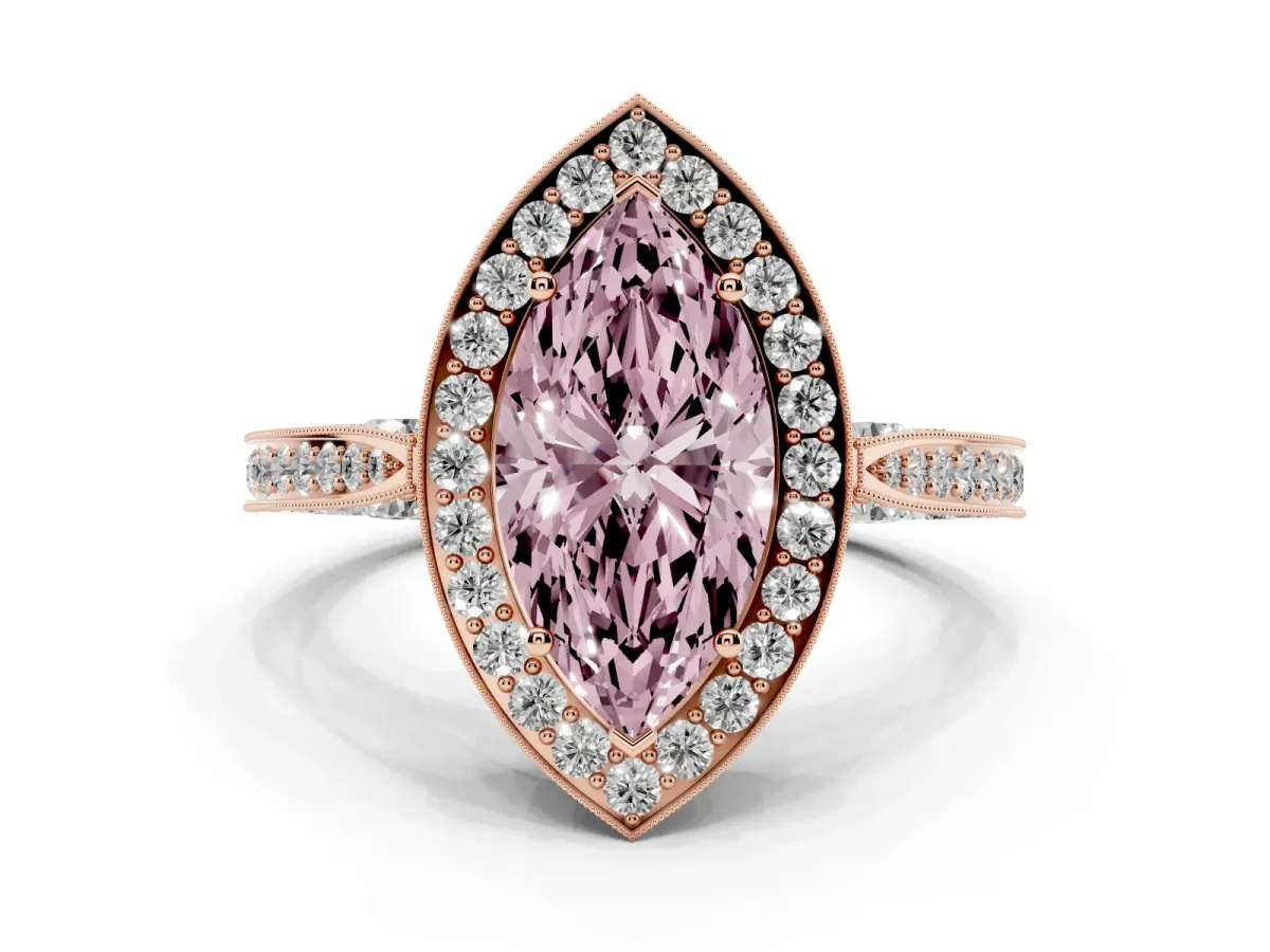 Fancy Pink Marquise Cut Halo Diamond Engagement Ring with Split Shank Band and Four-Prong Setting Rose gold