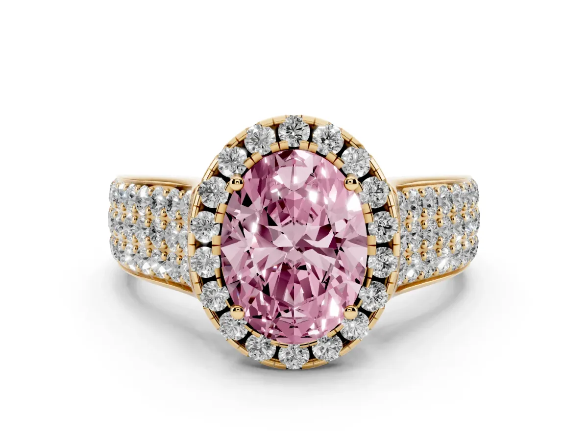 Fancy Pink Oval Cut Halo Round Diamond Pave Band with Prong Setting Yellow gold