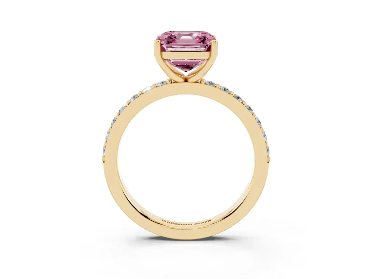 Fancy Pink Asscher Cut Cut Diamond Solitaire with Pave Band and Four-Prong Setting Yellow gold