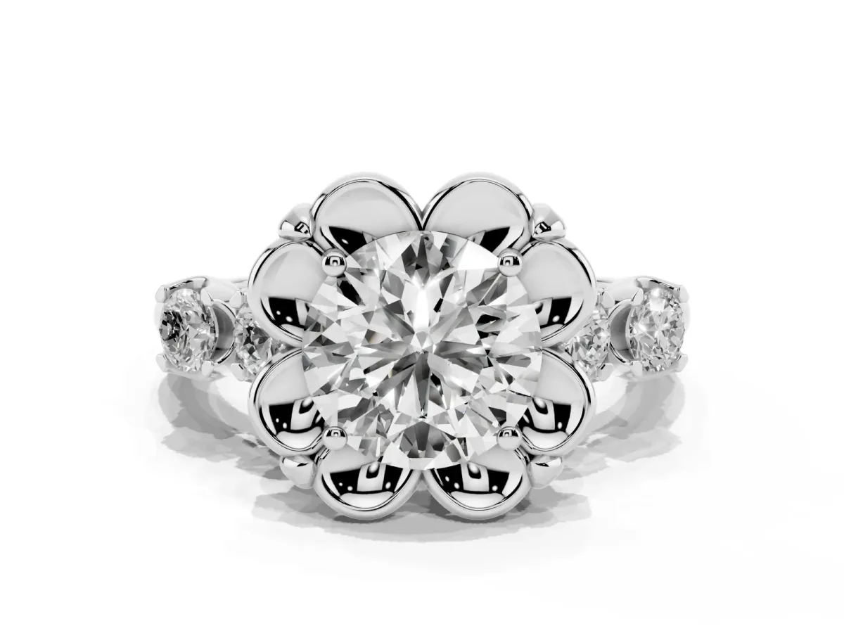 Round Cut Cut Diamond Floral Halo Engagement Ring with Shared Prong Setting Silver