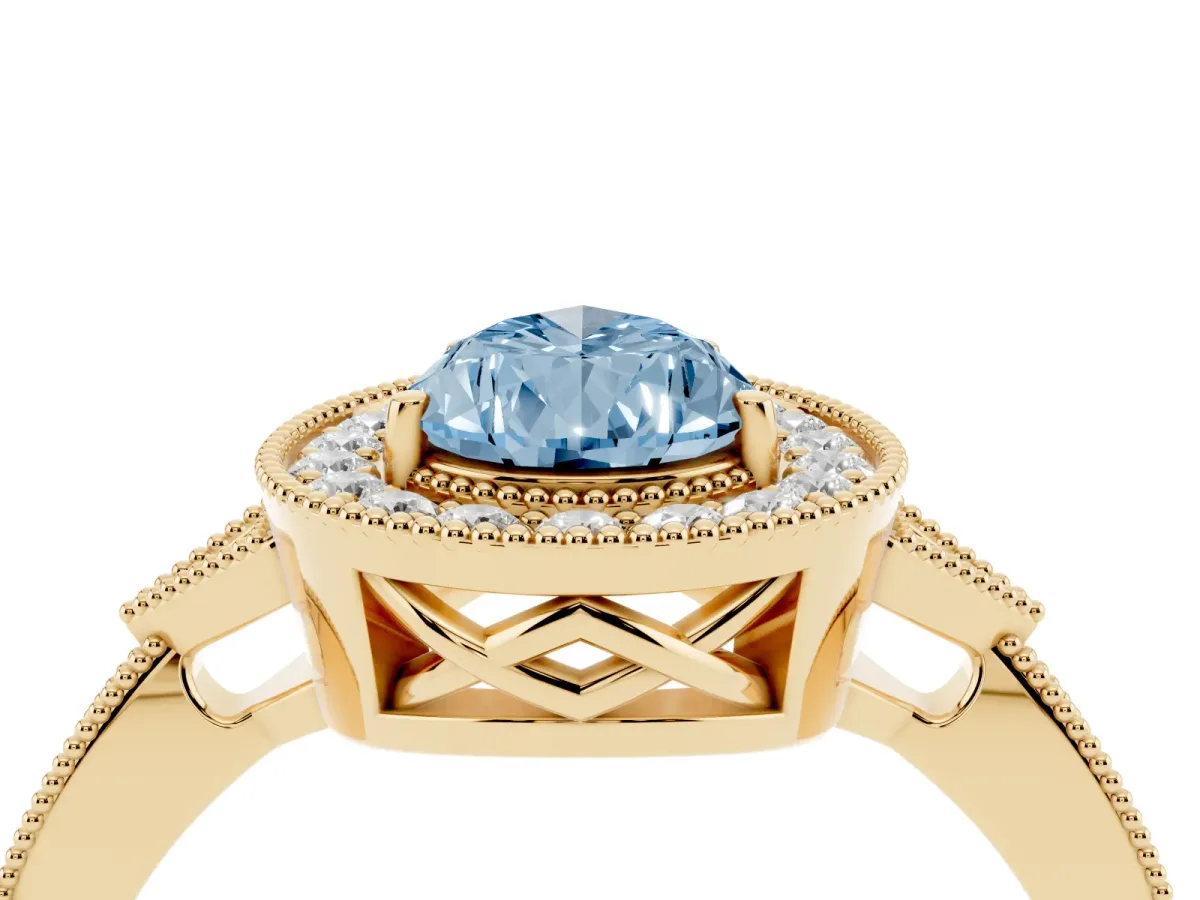 Fancy Blue Pear Cut Halo Round Diamond Milgrain Pave Engagement Ring Yellow gold