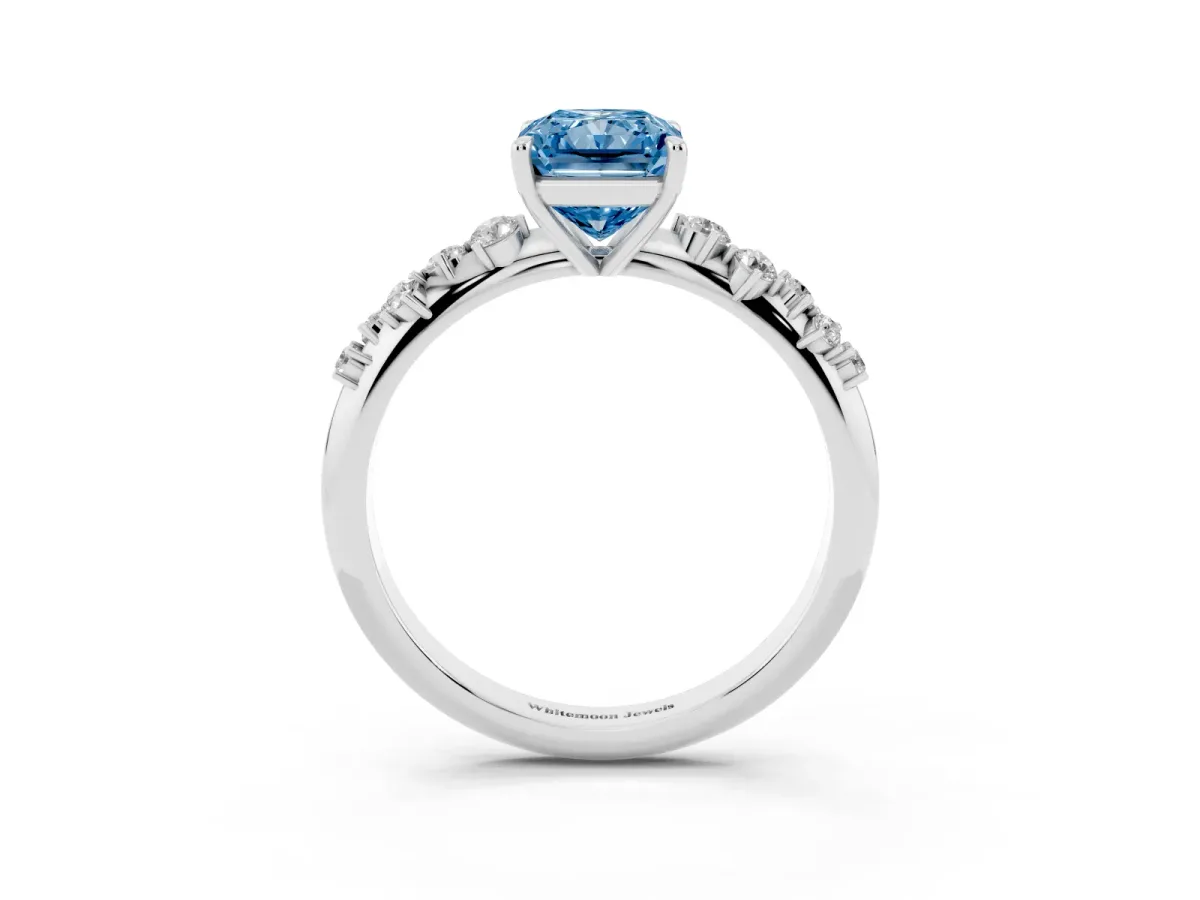 Fancy Blue Radiant Cut Diamond Cluster Side Stone Solitaire Ring with Prong Setting Silver