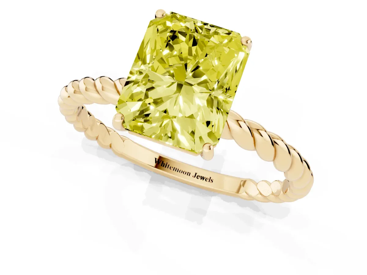 Fancy Yellow Radiant Cut Solitaire Twist Band Ring with Four-Prong Setting Yellow gold