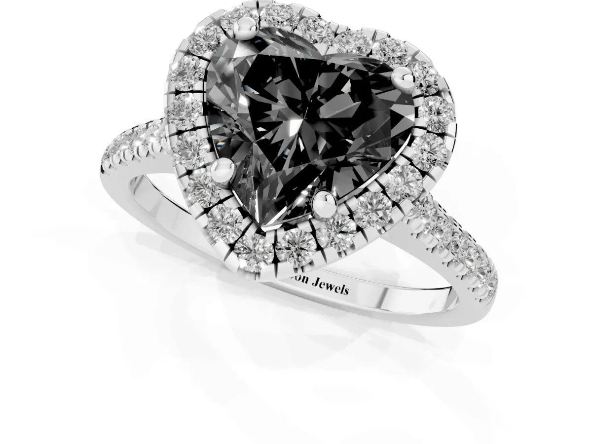 Fancy Black Heart Cut Diamond Cushion Halo Ring with Pavé Band Platinum
