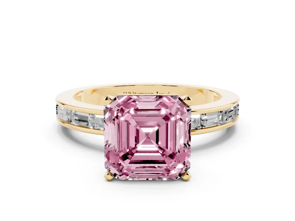 Fancy Pink Asscher Cut Solitaire Diamond Ring with Channel-Set Baguette Band and Four-Prong Setting Yellow gold