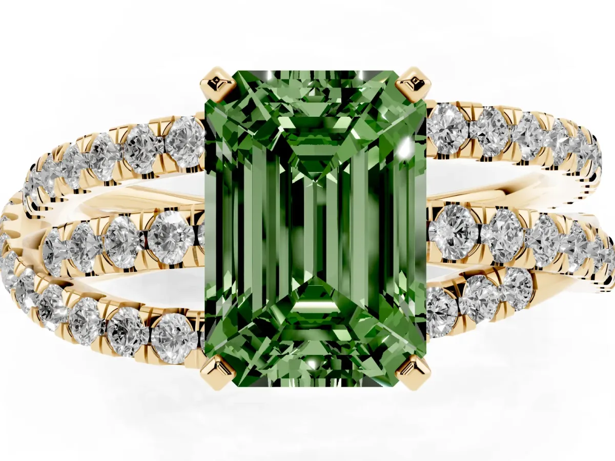 Fancy Green Emerald Cut Solitaire Twist Band with Pavé Setting and Four-Prong Setting Yellow gold