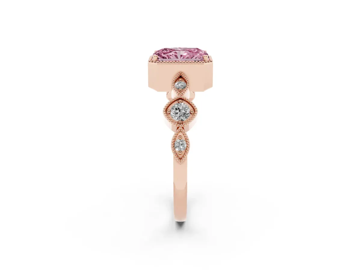 Fancy Pink Radiant Cut Diamond Vintage Milgrain Ring with Round Stations Rose gold