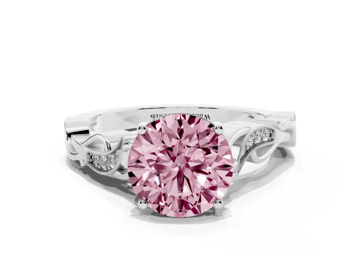 Fancy Pink Round Cut Solitaire Vine Band with Milgrain Prong Setting Silver