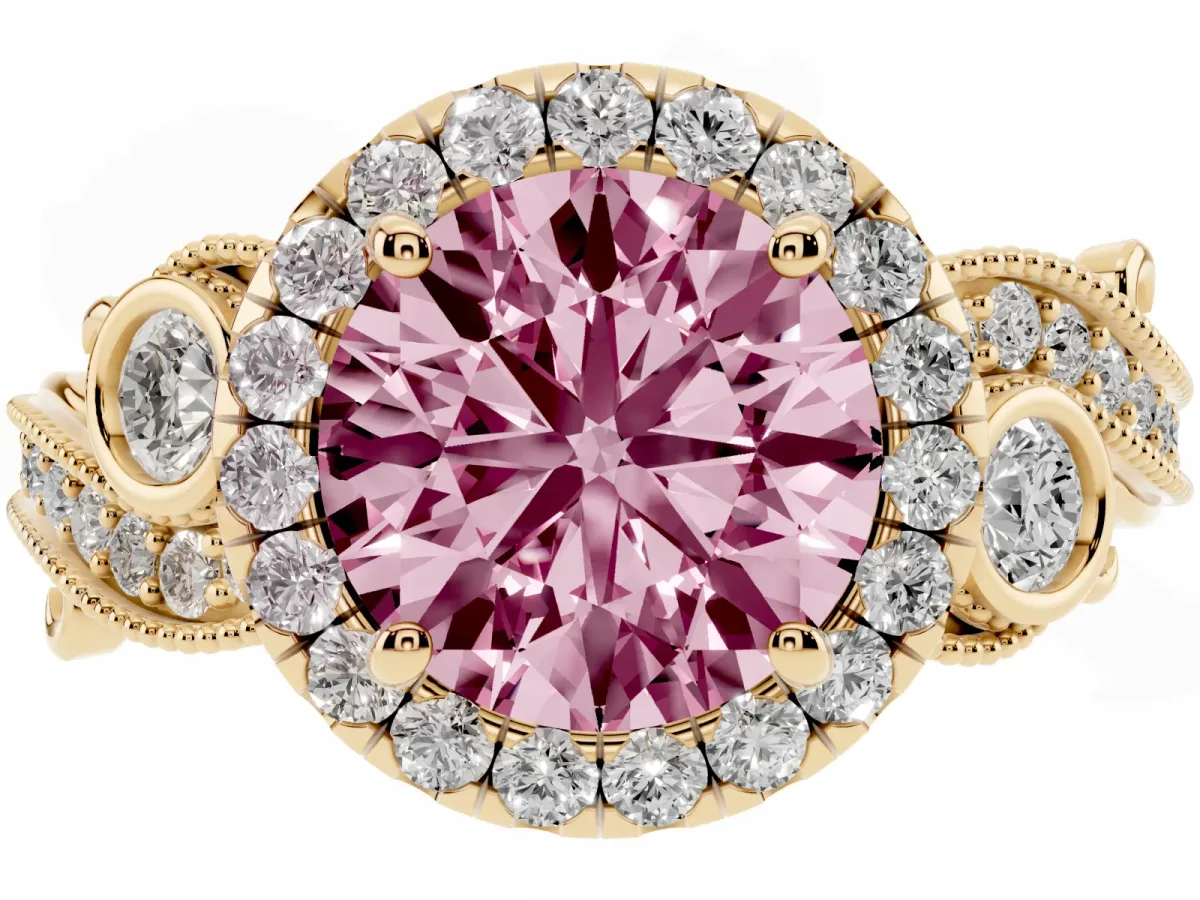 Fancy Pink Round Cut Diamond Halo Ring with Milgrain Pavé Band and Four-Prong Setting Yellow gold