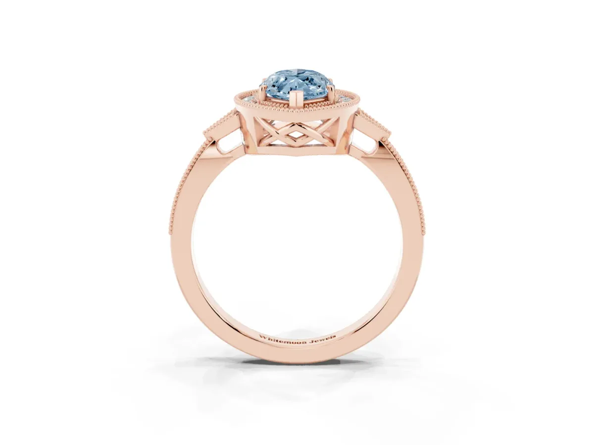 Fancy Blue Marquise Cut Halo Round Diamond Milgrain Pave Engagement Ring Rose gold