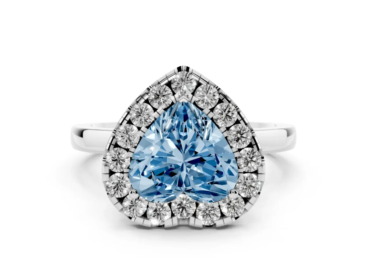 Fancy Blue Heart Cut Halo Diamond Solitaire with Pavé Band and Four-Prong Setting White gold