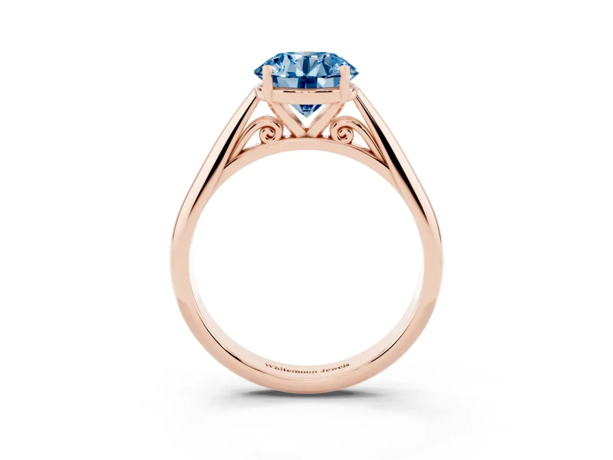Fancy Blue Round Cut Diamond Solitaire Engagement Ring with Cathedral Setting and Four-Prong Mount Rose gold