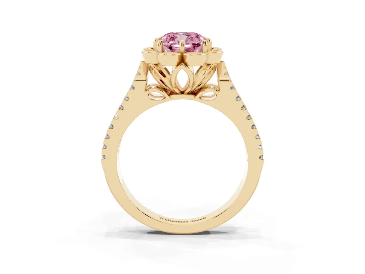 Fancy Pink Cushion Cut Halo Diamond Floral Split Shank Engagement Ring Yellow gold