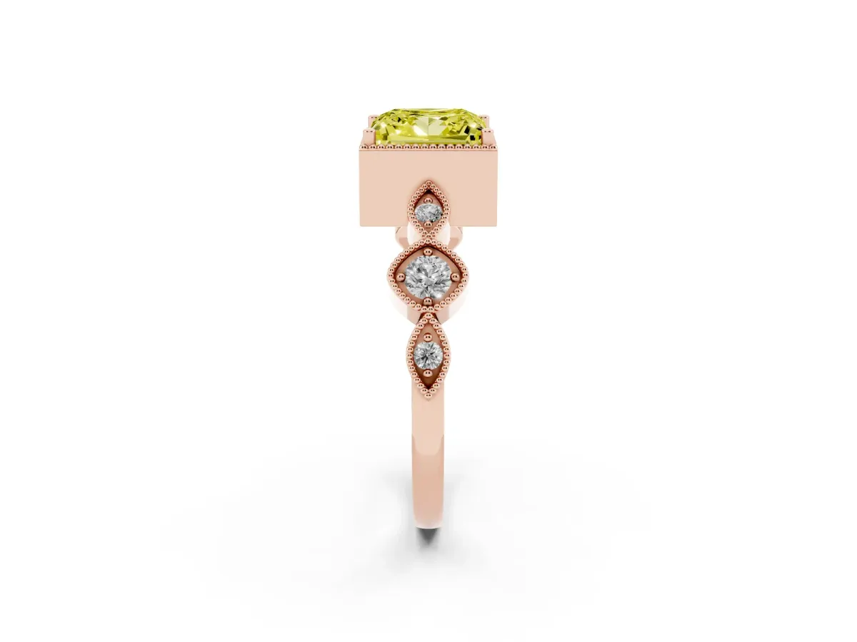 Fancy Yellow Princess Cut Diamond Vintage Milgrain Ring with Round Stations Rose gold