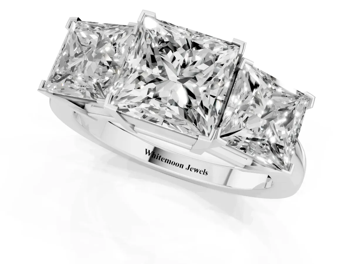 Three-Stone Princess Cut Cut Diamond Ring with Channel Set Band and Four-Prong Setting Silver