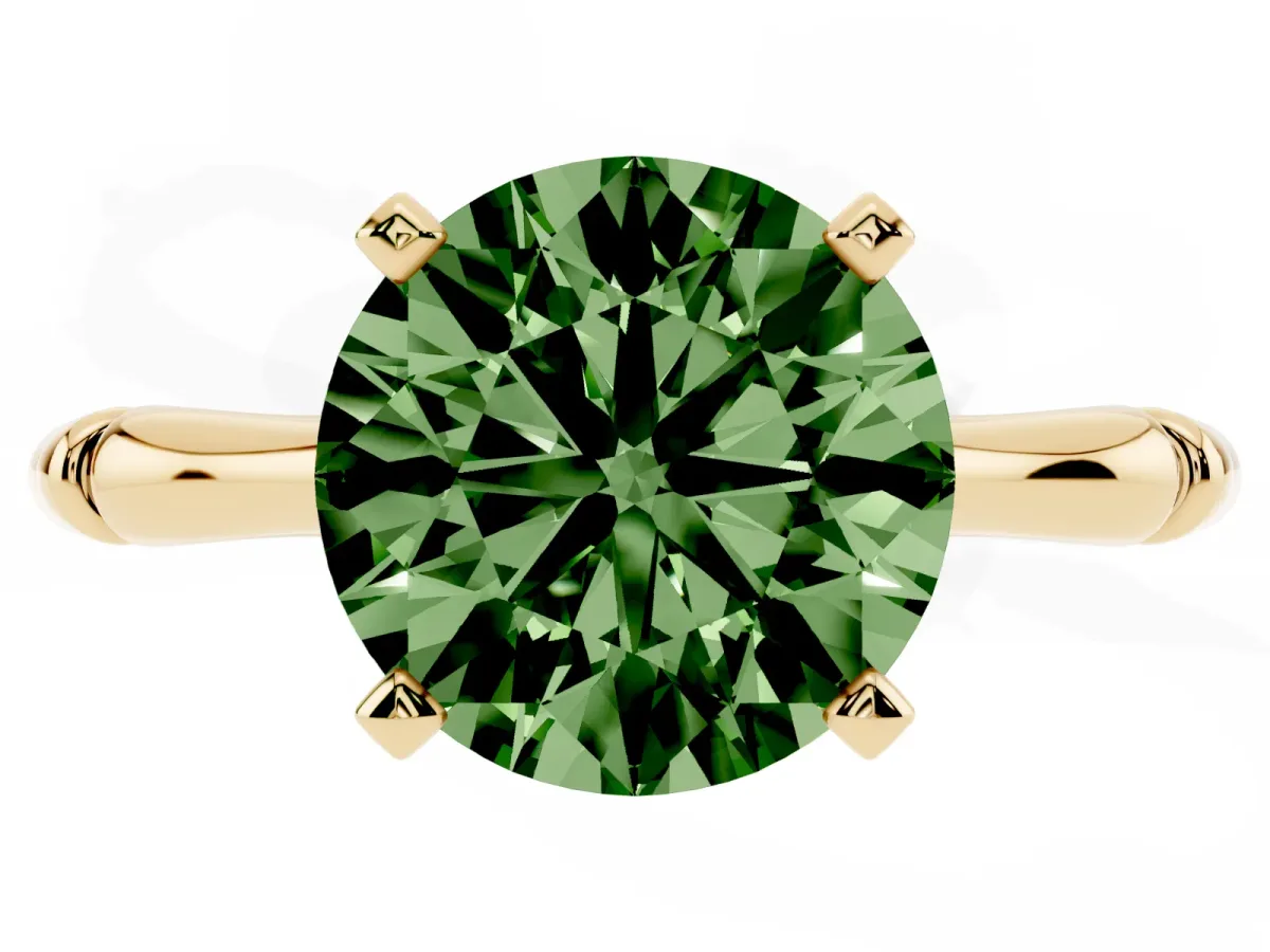 Fancy Green Round Cut Solitaire Diamond Ring with Bamboo Band and Four-Prong Setting Yellow gold