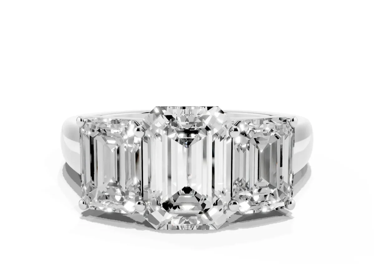 Emerald Cut Three-Stone Diamond Ring with Prong Setting on a Classic Band White gold