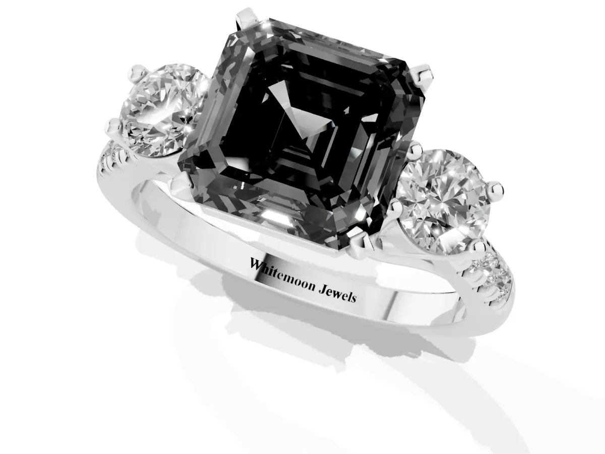 Fancy Black Three-Stone Asscher Cut Diamond Pavé Band with Four-Prong Setting Platinum