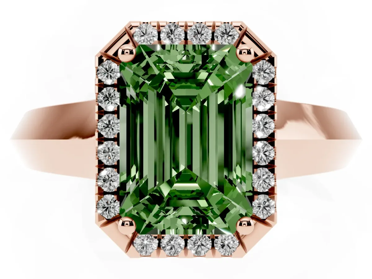 Fancy Green Emerald Cut Halo Diamond Ring with Cathedral Band and Four-Prong Setting Rose gold