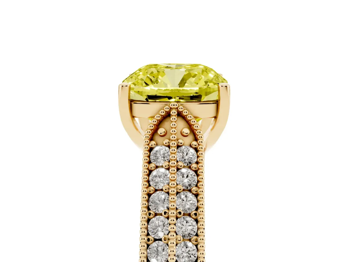 Fancy Yellow Cushion Cut Cut Pave Split Shank Engagement Ring with Four-Prong Setting Yellow gold