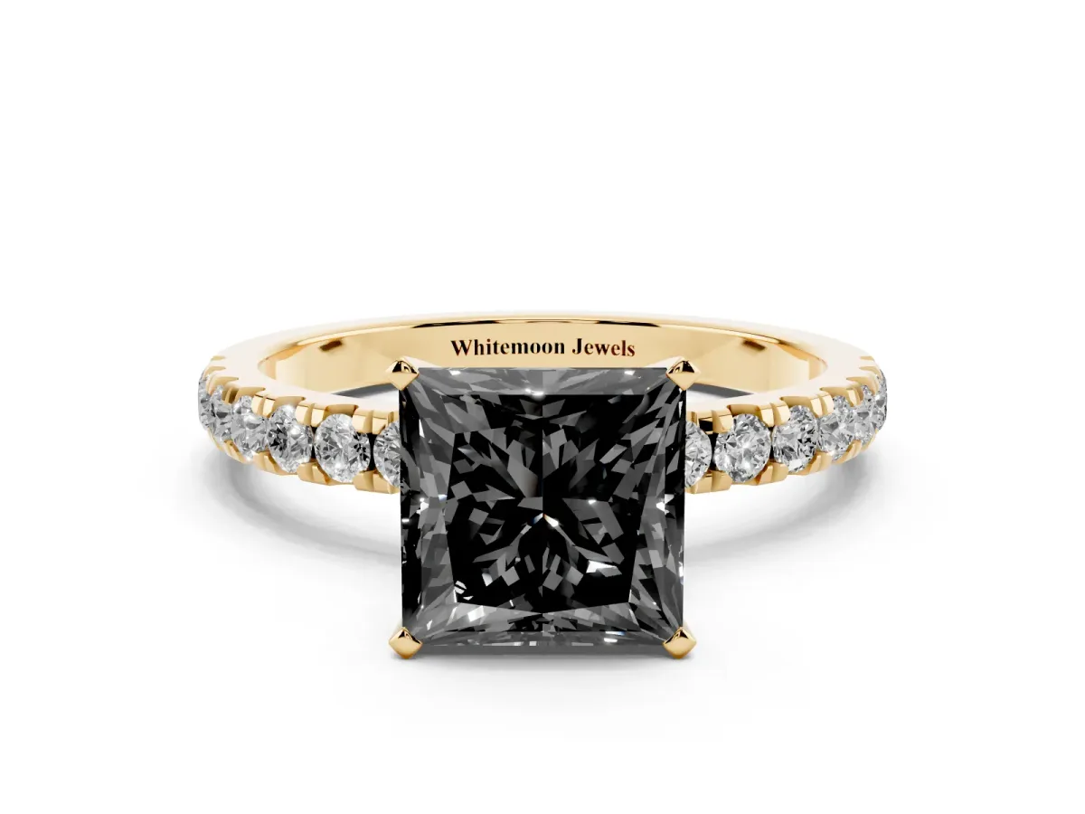 Fancy Black Princess Cut Diamond Solitaire Ring with Pavé Accents and Four-Prong Setting Yellow gold