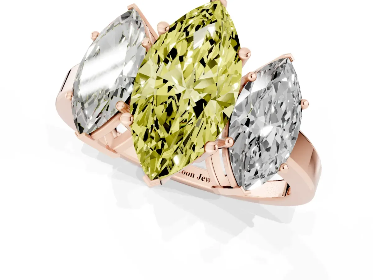 Fancy Yellow Three-Stone Marquise Cut Cut Diamond Engagement Ring with Flat Band and Four-Prong Setting Rose gold