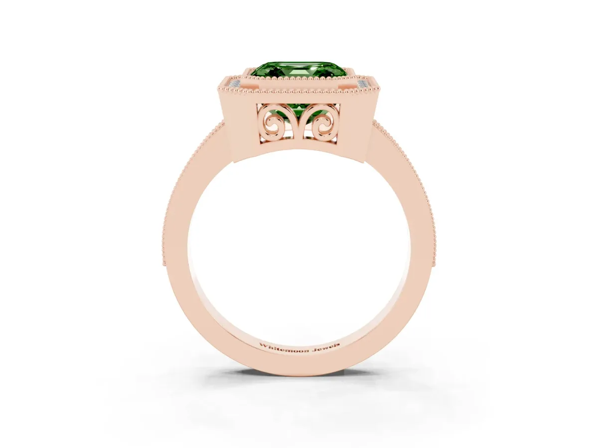 Fancy Green Asscher Cut Cut Halo Diamond Ring with Pavé Band and Milgrain Prong Setting Rose gold