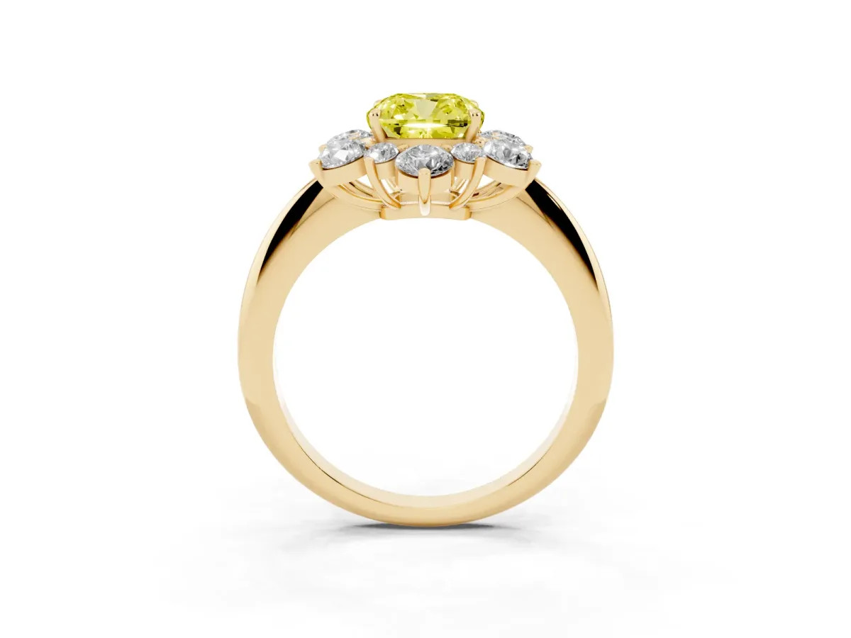 Fancy Yellow Cushion Cut Diamond Cluster Halo Ring with Solitaire Band and Four-Prong Setting Yellow gold