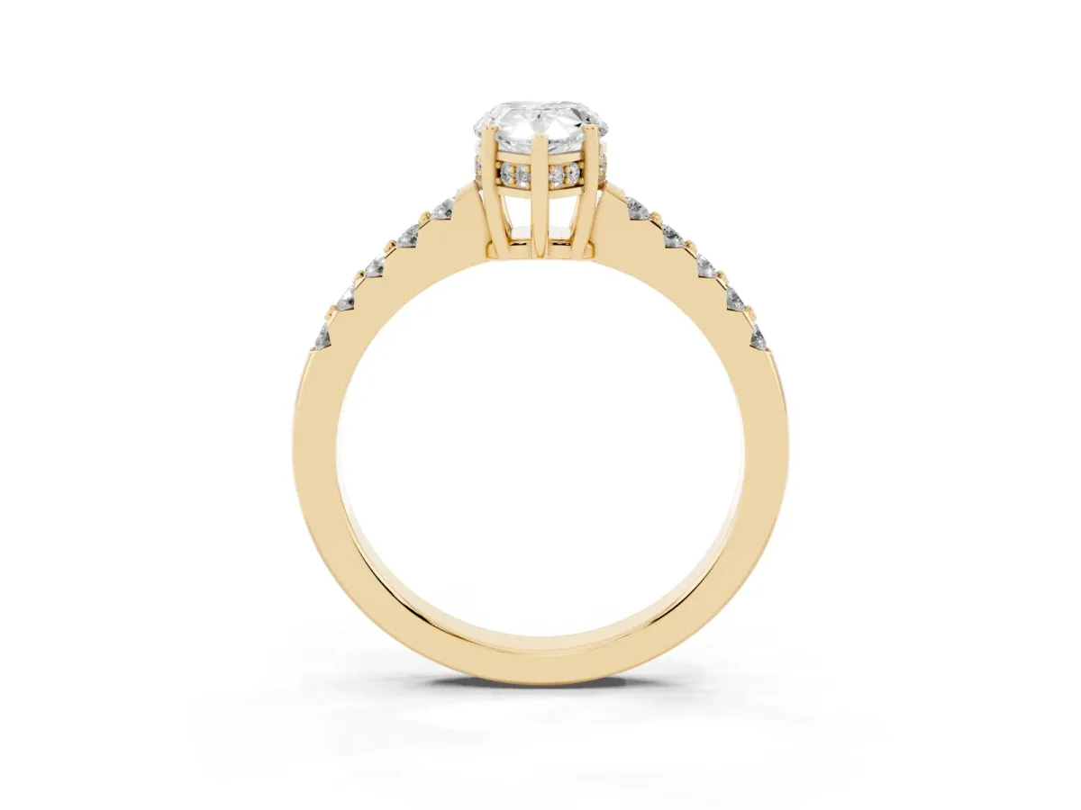 Pear Cut Solitaire Diamond Engagement Ring with Pavé Band and Six-Prong Setting Yellow gold