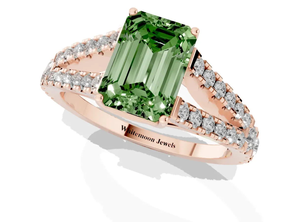 Fancy Green Emerald Cut Diamond Split Shank Engagement Ring with Round Pavé and Prong Setting Rose gold