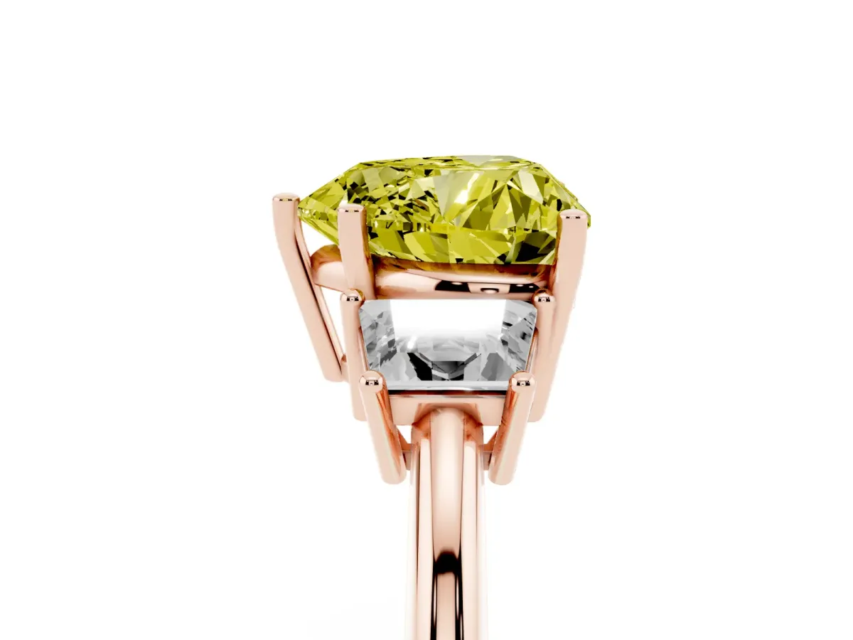 Fancy Yellow Heart Cut Diamond Three-Stone Ring with Trapezoid Side Stones and Prong Setting Rose gold