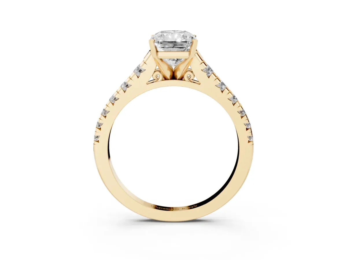 Radiant Cut Diamond Cathedral Solitaire Ring with Round Pavé Band Yellow gold