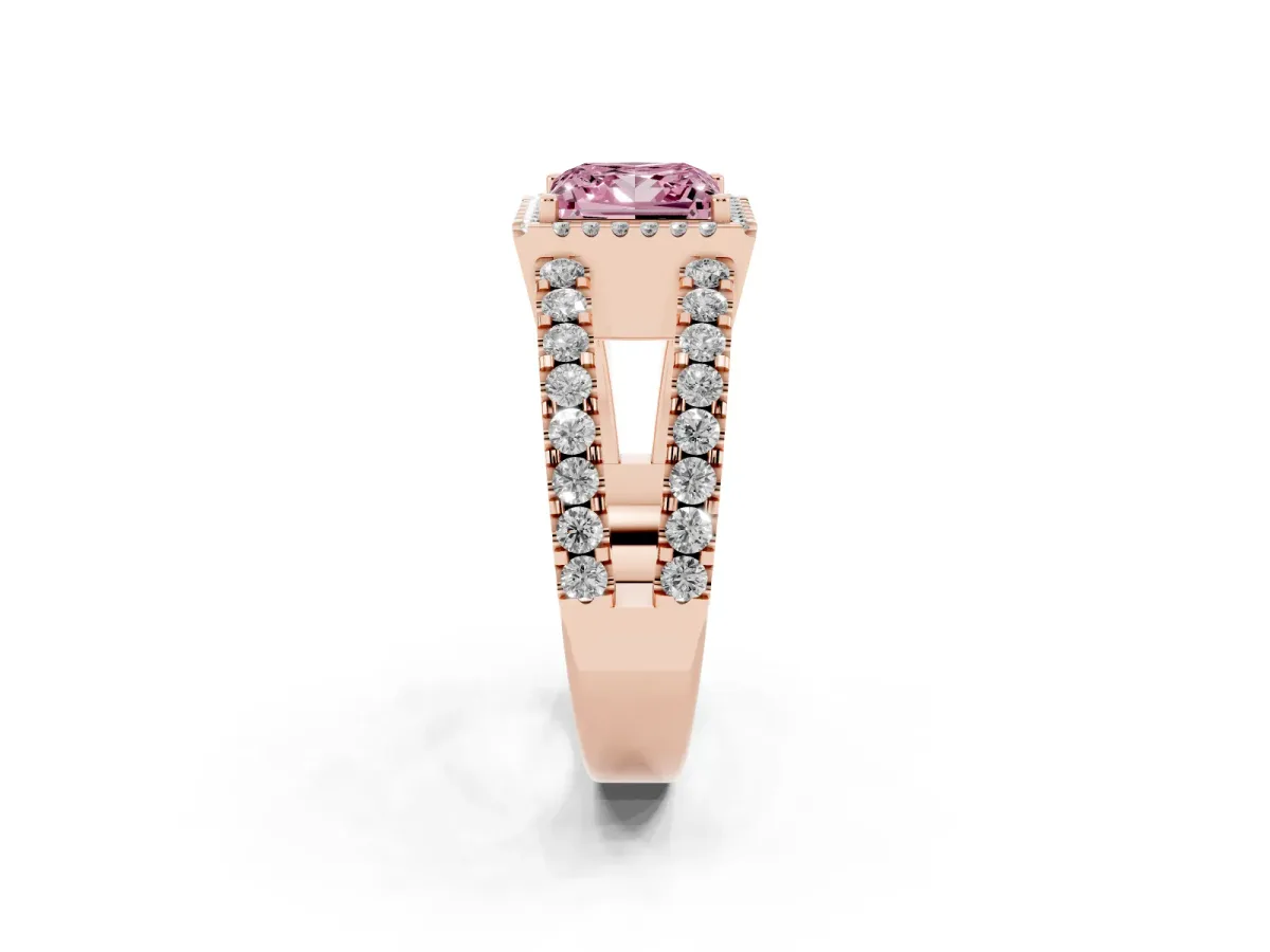 Fancy Pink Princess Cut Cut Halo Split Shank Diamond Ring with Four-Prong Setting Rose gold