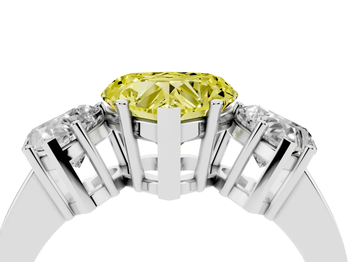 Fancy Yellow Three-Stone Heart Cut Cut Diamond Engagement Ring with Flat Band and Four-Prong Setting Silver