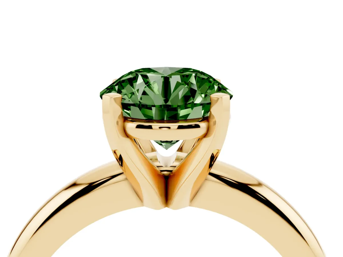 Fancy Green Round Cut Diamond Solitaire Engagement Ring with Round Band and Four-Prong Setting Yellow gold