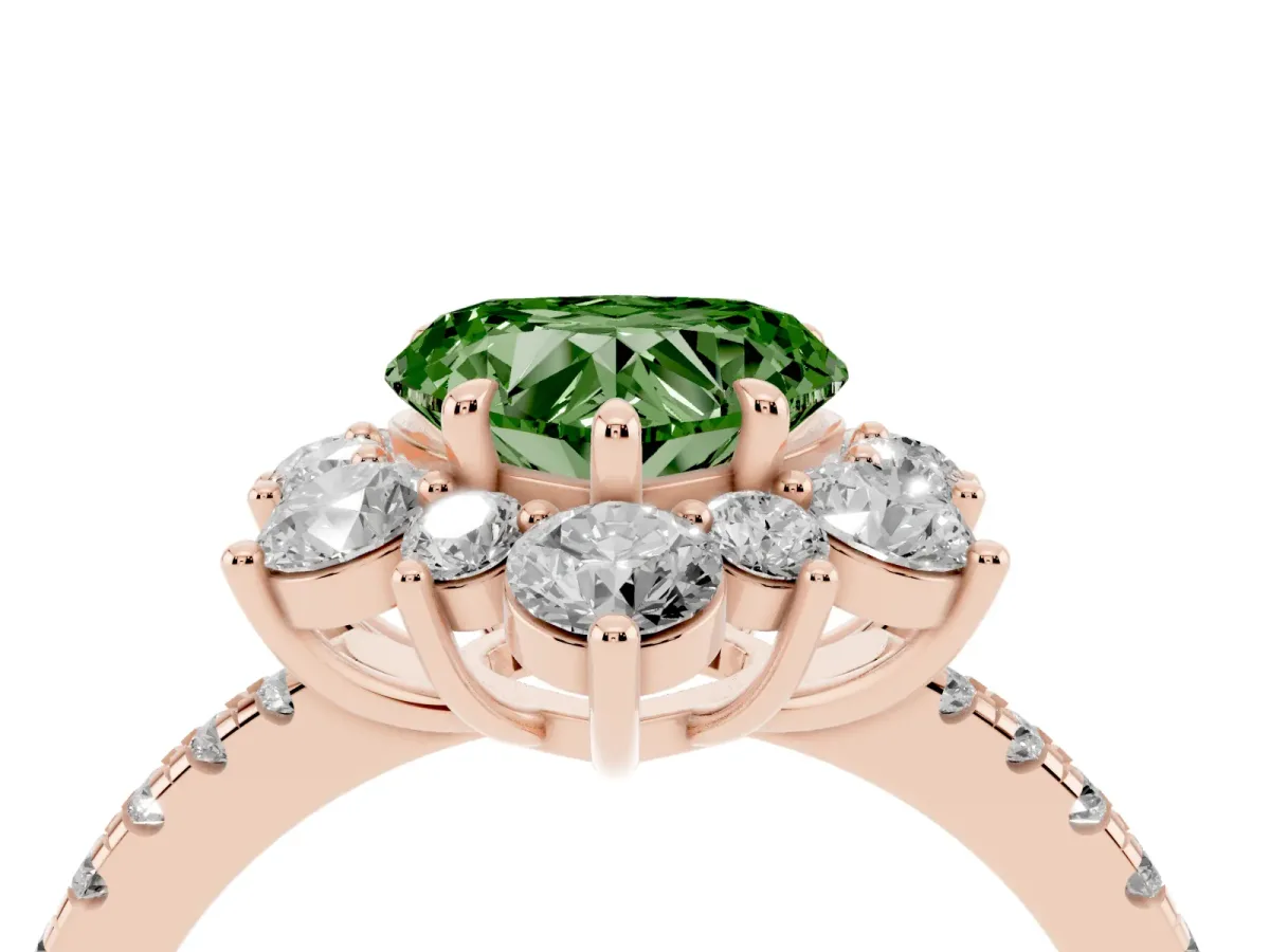 Fancy Green Heart Cut Diamond Floral Halo Ring with Round Pavé Band and Prong Setting Rose gold