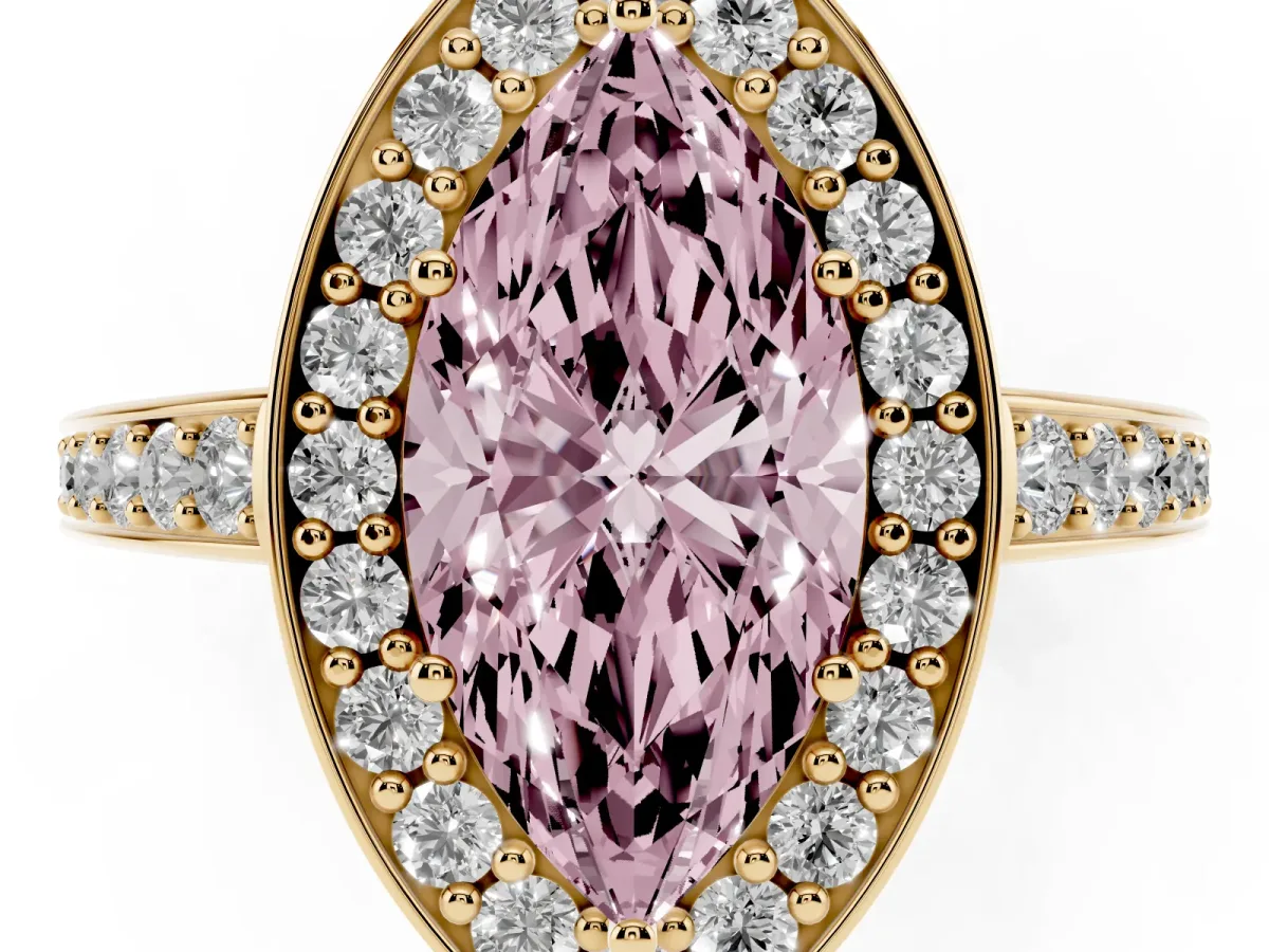 Fancy Pink Marquise Cut Halo Pavé Diamond Engagement Ring with Bezel Setting Yellow gold