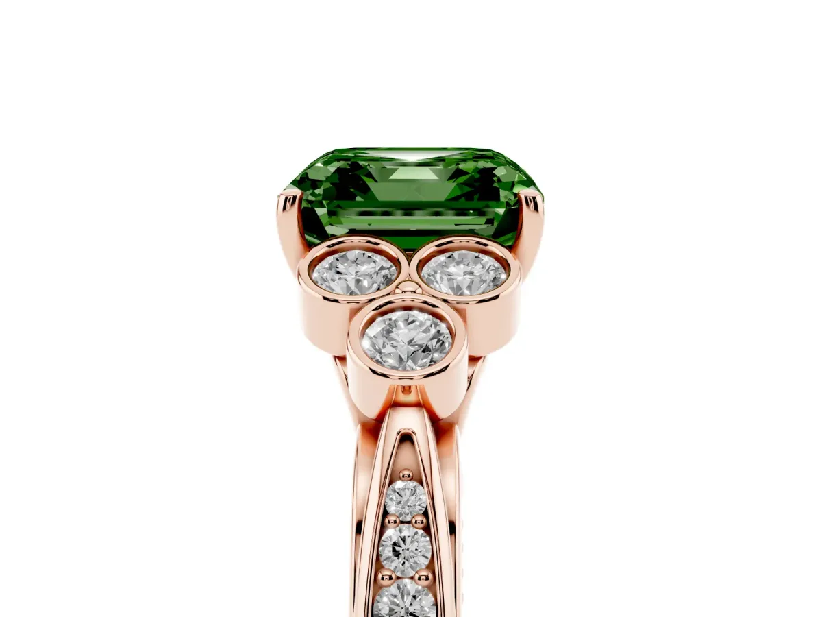 Fancy Green Asscher Cut Cut Diamond Engagement Ring with Bezel Set Round Side Stones and Prong Setting Rose gold