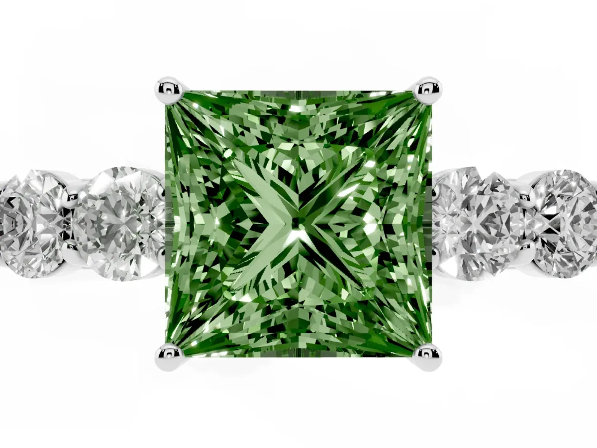 Fancy Green Princess Cut Cut Diamond Five-Stone Prong Set White Gold Ring Silver